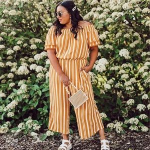 Summer yellow striped off-shoulder jumpsuit